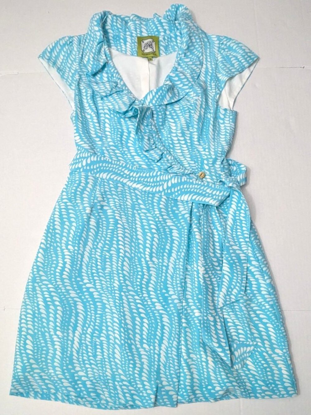 Elizabeth McKay Blue White Patterned Ruffle Collar Wrap Dress Cap Sleeve 10 NWOT